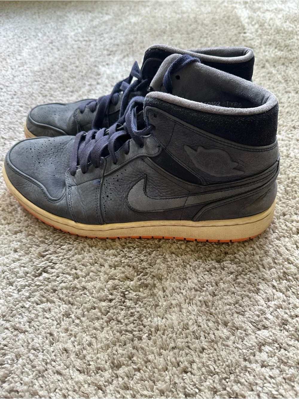 Jordan 1 Mid-Top Sneakers Navy Top Orange Bottoms.  Size 11.5